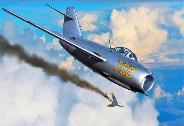 MiG-15bis flown by P.S. Milaushkin, Korean War, 1951.
Художник - Carlos Alonso / Painting by Artist Carlos Alonso