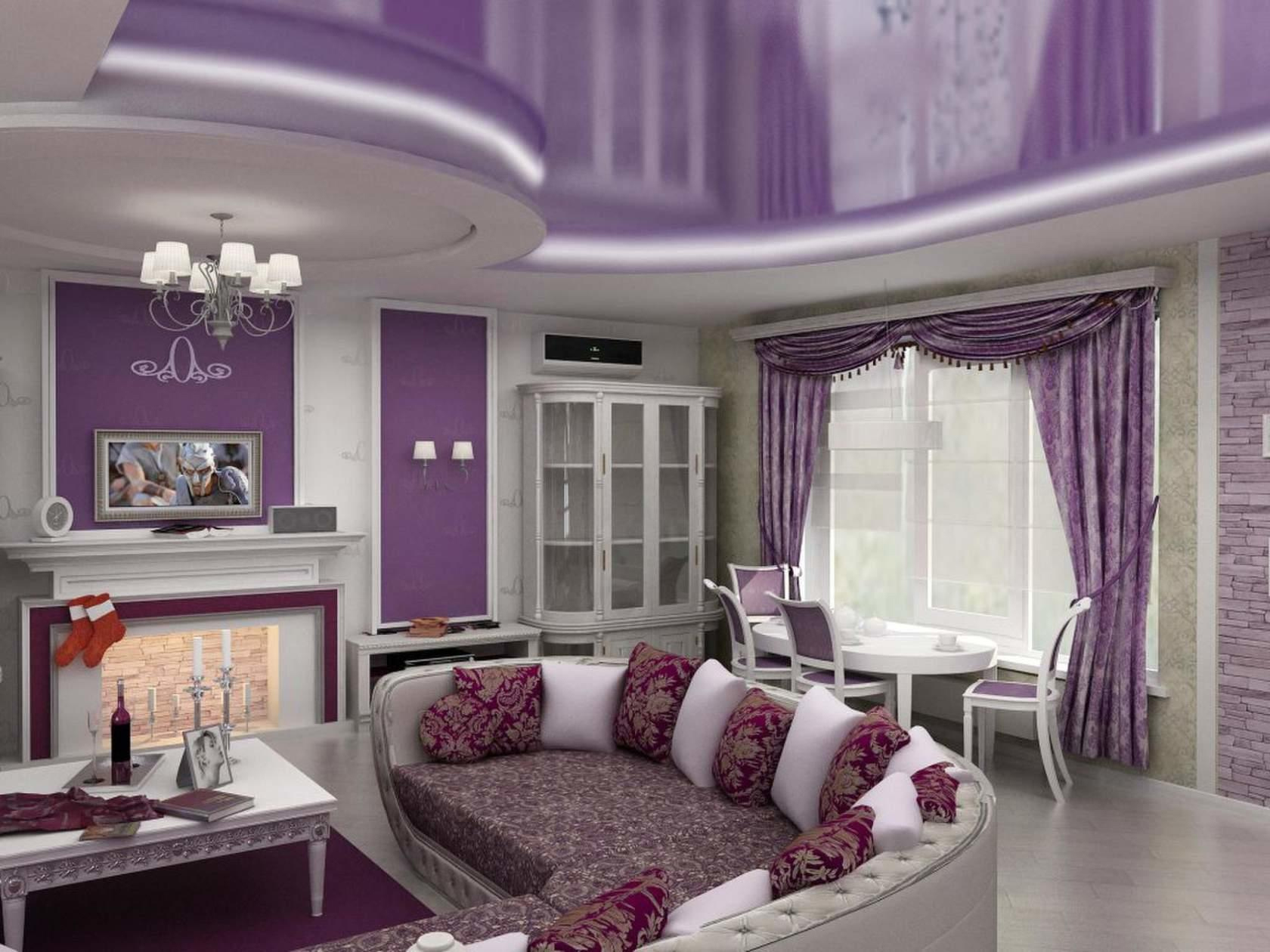 Дизайн гостиной с фиолетовым потолком